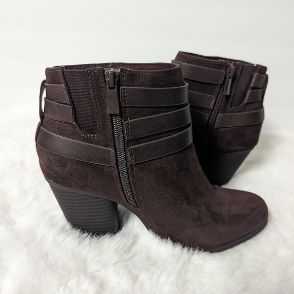 Torrid Extra Wide Width Brown Faux Suede Buckle Heel Booties - Picture 4 of 9